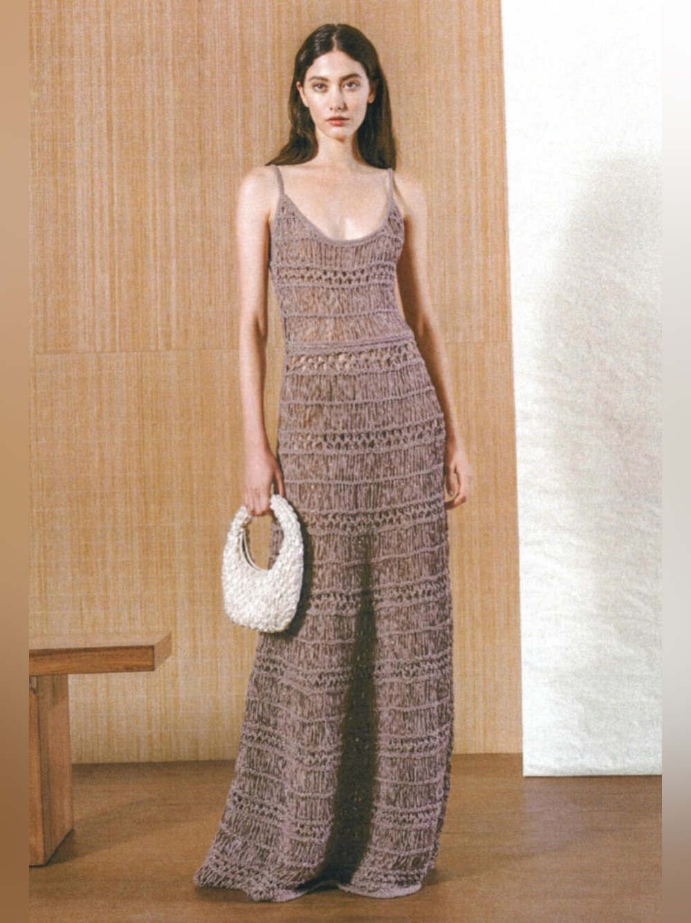 STAUD Kingston Dress XS Taupe Crochet Spaghetti-Strap Maxi Dress